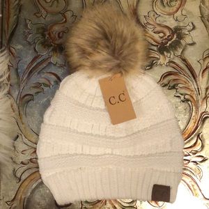NEW LISTING Brand New White Knit C.C Beanie Hat with Sherpa Pom Pom